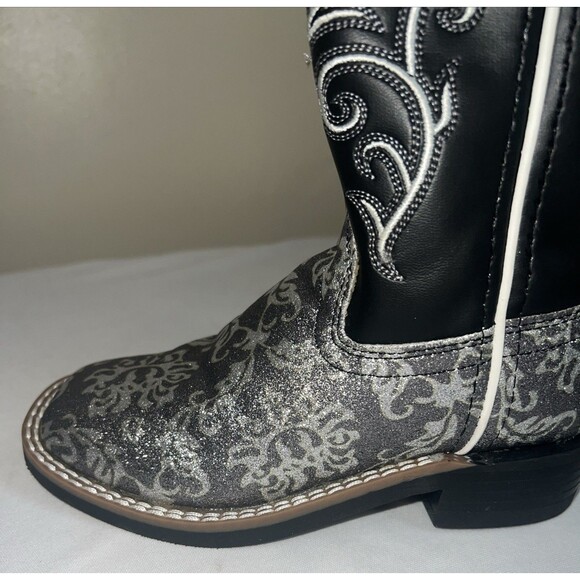OLD WEST KIDS SQUARE TOE BLACK METALLIC SILVER BOOTS SIZE 11 - Picture 12 of 14
